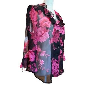 Miss Dorby Women's Floral Sheer Blouse 3/4 Sleeve Button Front Size 12